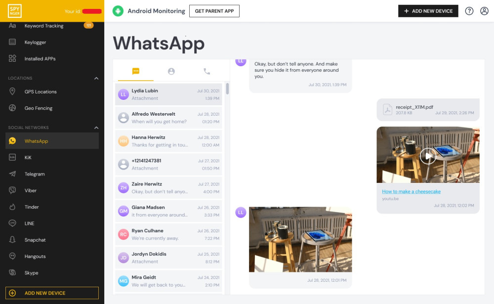 Whatsapp monitoring via Spynger